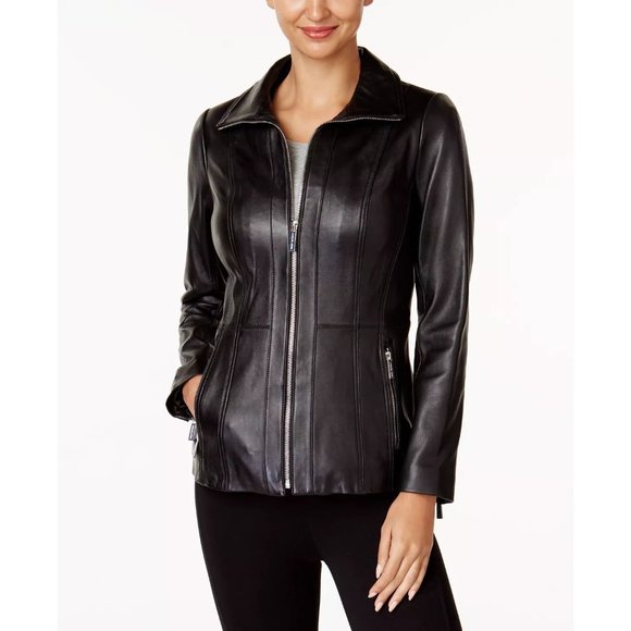 NEW Size XS Womens Michael Kors Black 100% Genuine Lambs Leather Zip-Up Jacket